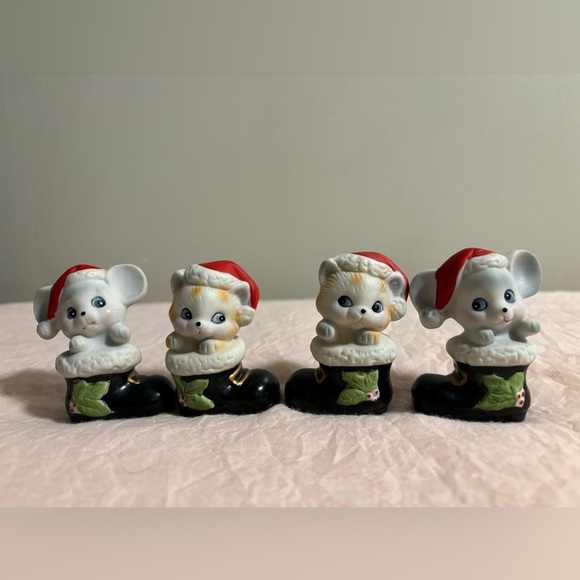 Vintage Homco Ceramic Figurines 8903, Christmas Cat and Mouse In Boots - Picture 1 of 7